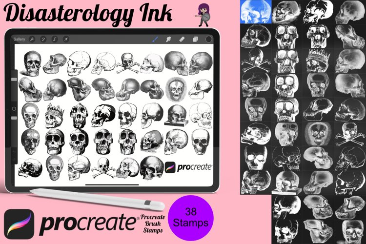 Vintage Skulls Procreate Brush Stamp, 38 Skull Stamps