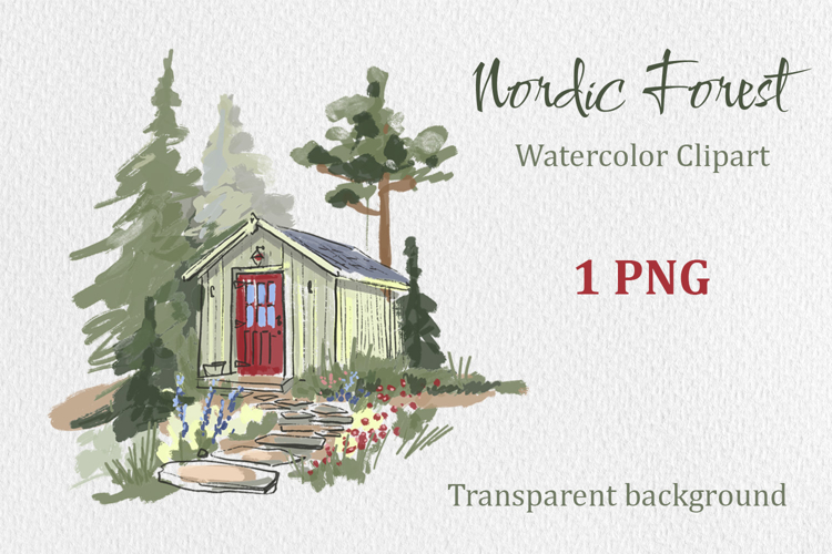 Nordic Forest Cabin Watercolor Clipart PNG