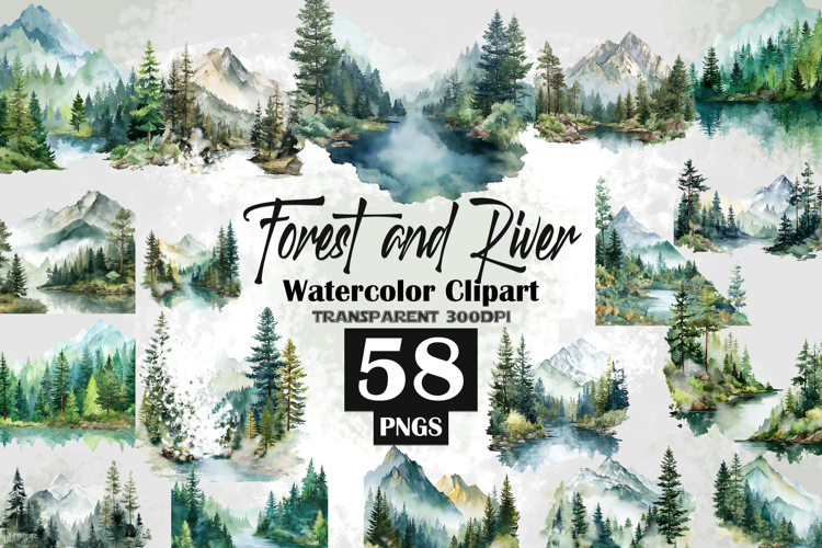 Forest and River Watercolor Clipart 58 PNGs Transparent 300