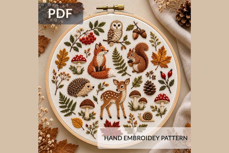 Autumn woodland hand embroidery pattern in a round hoop featuring a fox, deer, squirrel, hedgehog, owl, snail, mushrooms, acorns, pinecone, berries, ferns, and colorful fall leaves.