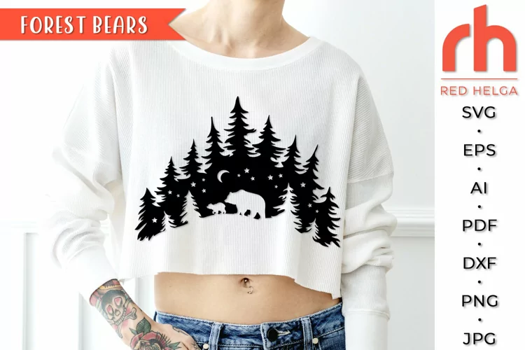 Forest Bears SVG, Woodland Scene Cut File, Night Landscape