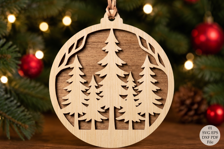 Forest Christmas Ornament Laser Cut SVG, Round Woodland Tree