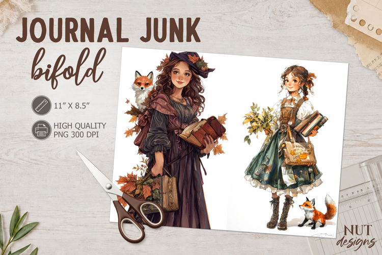 Vintage Fall Girl Junk Journal Bifold Girl with fox & book