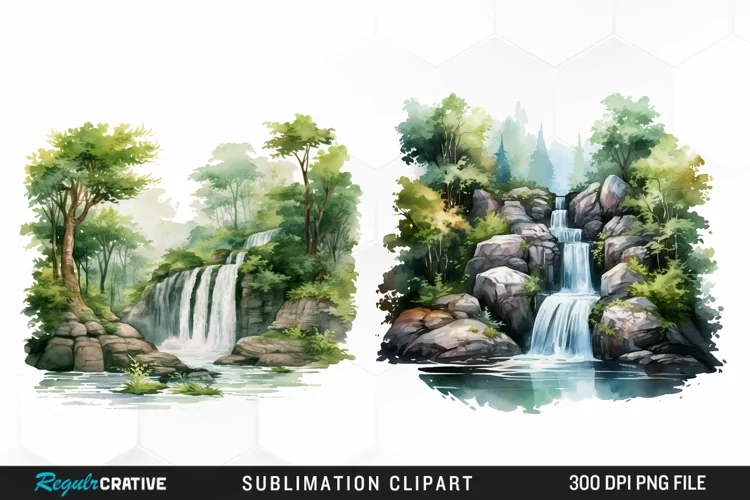 Watercolor Forest Waterfalls Illustration PNG Clipart