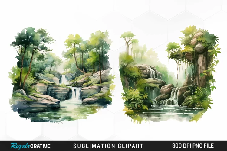 Watercolor Forest Waterfalls Illustration PNG Clipart