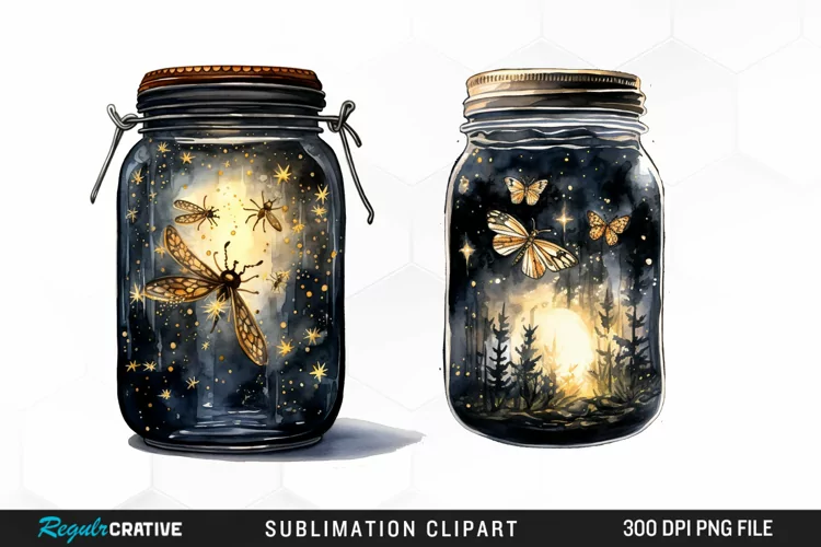 Watercolor Firefly Jar Sublimation PNG Clipart