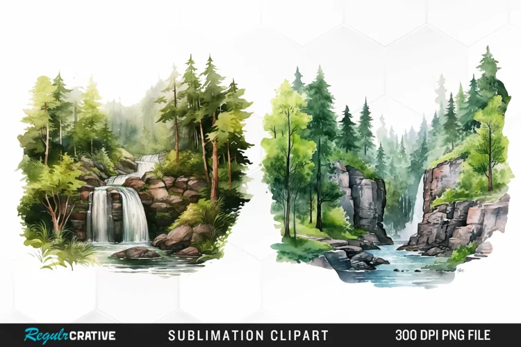 Watercolor Forest Waterfalls Illustration PNG Clipart