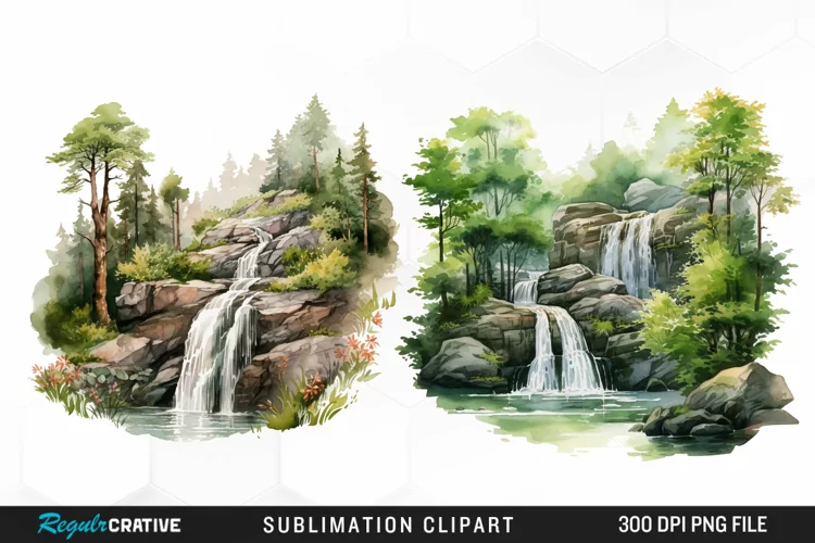 Watercolor Forest Waterfalls Illustration PNG Clipart