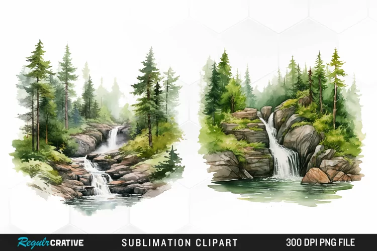 Watercolor Forest Waterfalls Illustration PNG Clipart