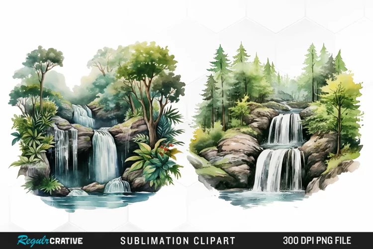 Watercolor Forest Waterfalls Illustration PNG Clipart