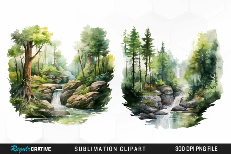 Watercolor Forest Waterfalls Illustration PNG Clipart