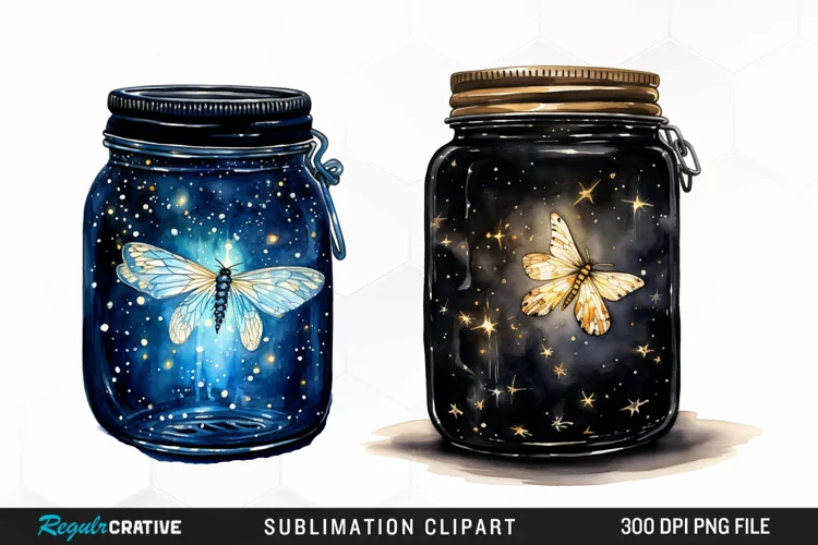 Watercolor Firefly Jar Sublimation PNG Clipart