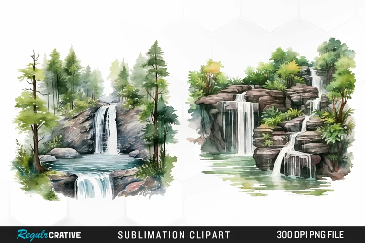 Watercolor Forest Waterfalls Illustration PNG Clipart