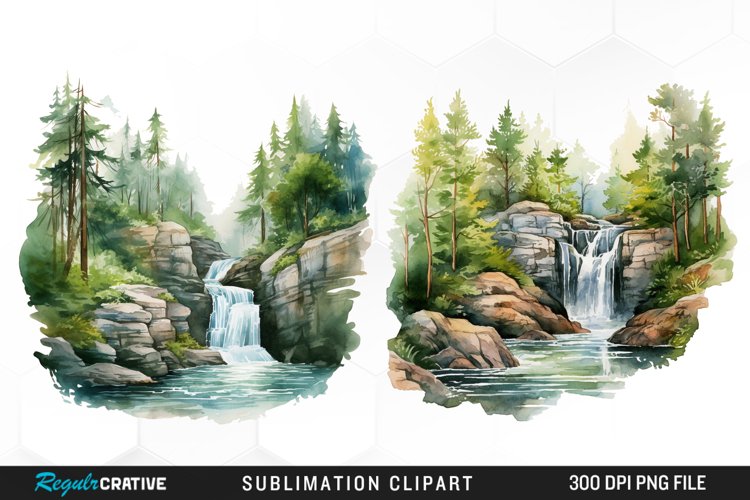 Watercolor Forest Waterfalls Illustration PNG Clipart