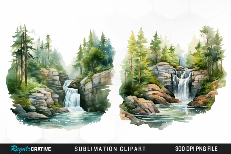 Watercolor Forest Waterfalls Illustration PNG Clipart