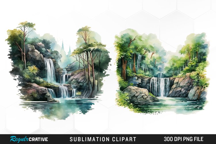 Watercolor Forest Waterfalls Illustration PNG Clipart