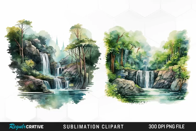 Watercolor Forest Waterfalls Illustration PNG Clipart