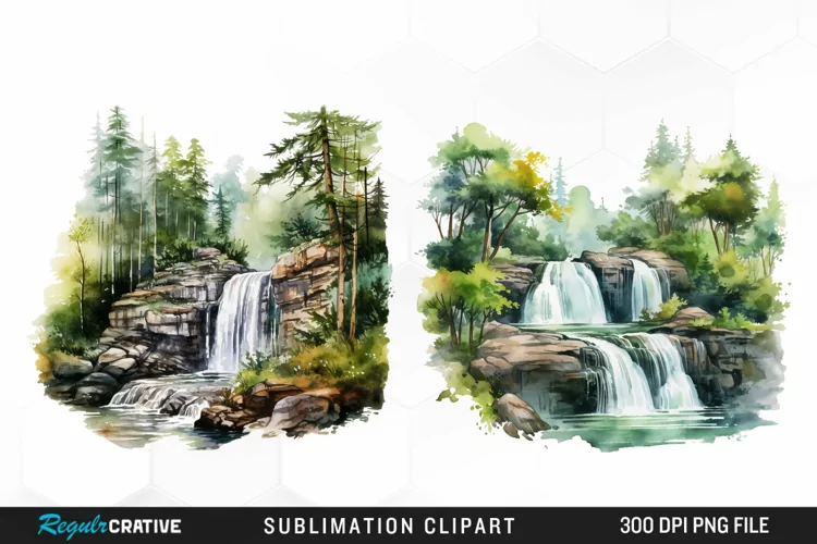 Watercolor Forest Waterfalls Illustration PNG Clipart