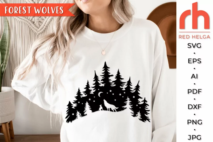 Forest Wolves SVG, Woodland Scene Cut File, Night Landscape