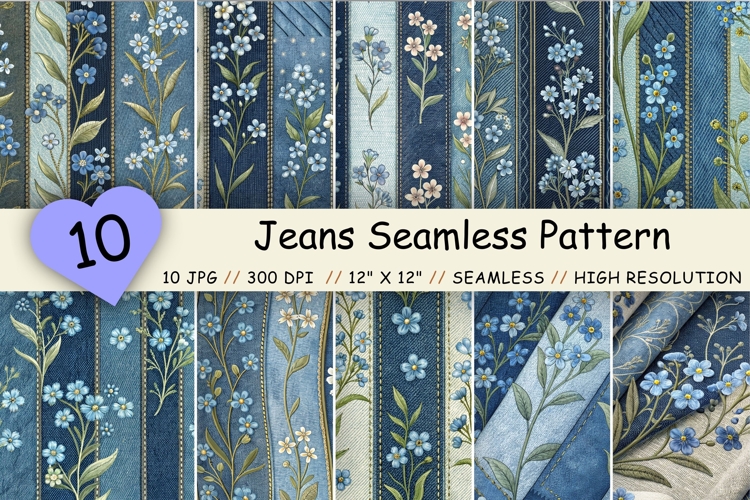 Forget Me Not Jeans Seamless Pattern Bundle, Blue Denim