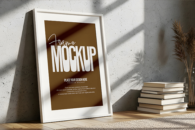 Leaning Frame Mockup with Books and Shadow Play
