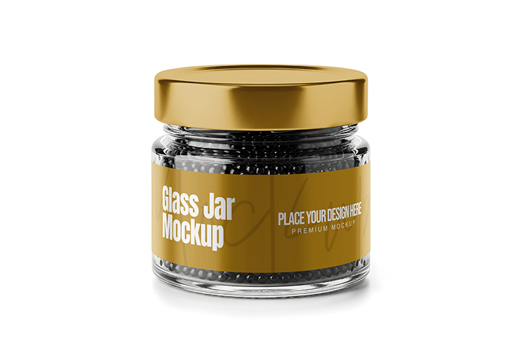 Glass Jar with Metal Lid and Black Caviar Mockup