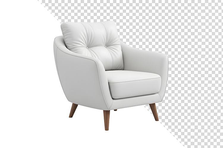 Modern White Tufted Armchair with Wooden Legs Isolated
