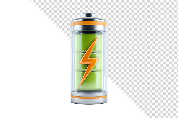 3D Glossy Green Battery Icon with Orange Lightning Bolt