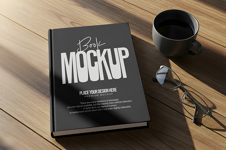 Hardcover Book Mockup with Glasses and Coffee