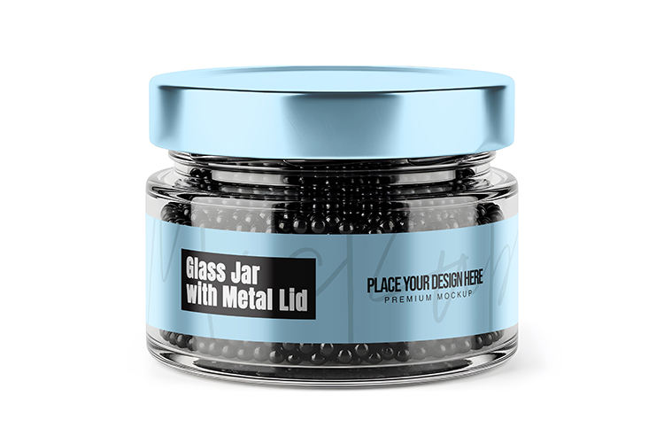 Glass Jar with Metal Lid and Black Caviar PSD Mockup