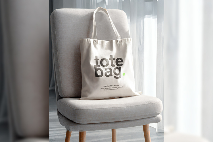 Tote Bag Mockup on Modern Chair with Natural Window Light