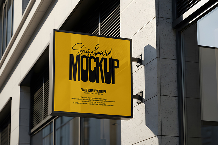Outdoor Square Signboard Mockup On Modern Building