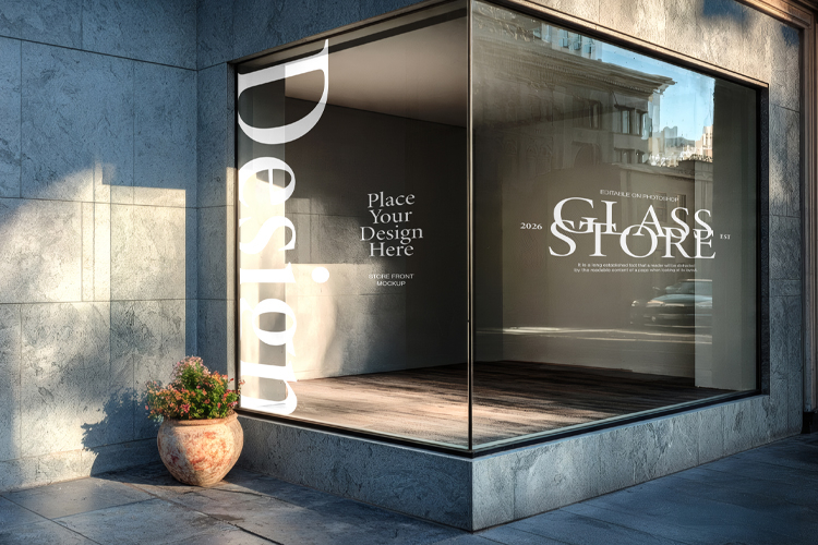 Corner Storefront Window Display PSD Mockup