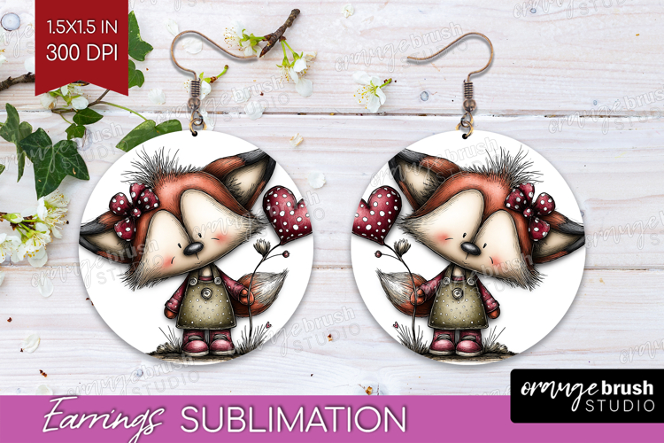Fox Valentine Round Earrings Whimsical Animal PNG