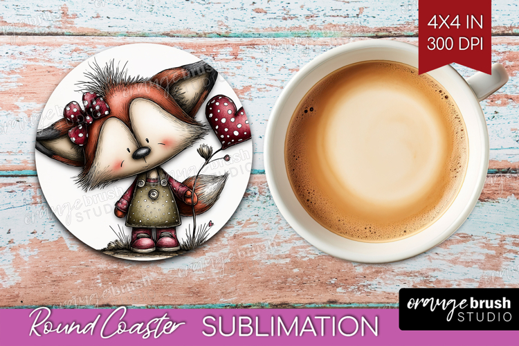Fox Valentine Round Coaster Whimsical Animal Coaster PNG
