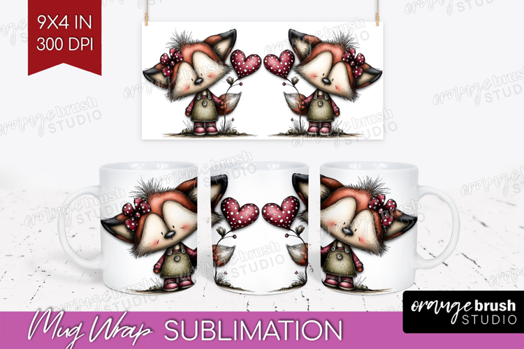 Fox Valentine Mug Wrap Whimsical Animal Mug PNG Sublimation
