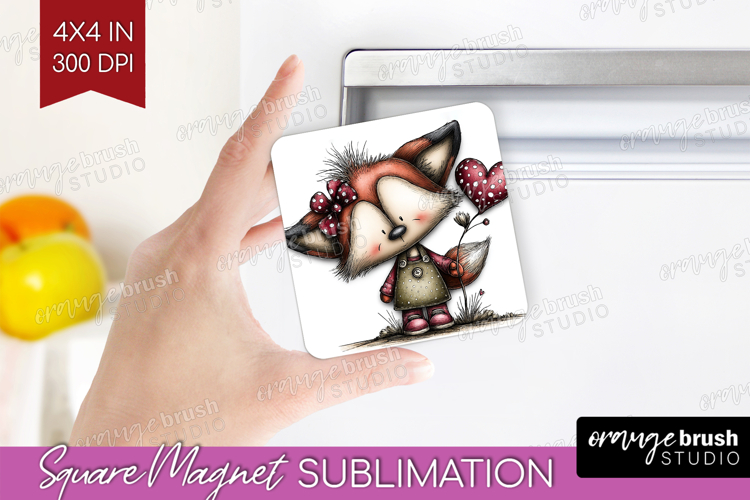 Fox Valentine Magnet Sublimation Whimsical Animal Square PNG