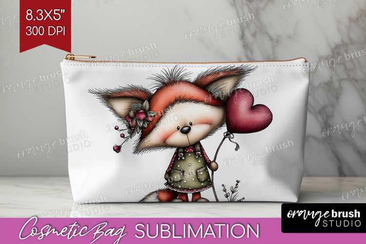 Fox Valentine Cosmetic Bag Whimsical Animal Makeup Bag PNG