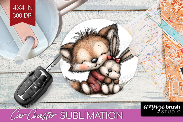 Fox and Bunny Valentine Car Coaster Whimsical Animal Coaster
