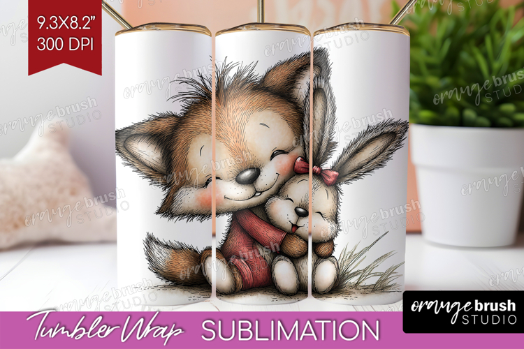 Fox and Bunny Valentine Tumbler Wrap Whimsical Animal PNG