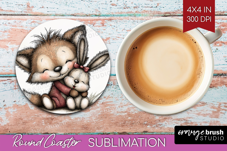 Fox and Bunny Valentine Round Coaster Whimsical Animal PNG