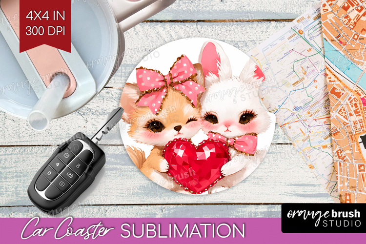 Fox and Bunny Valentine Car Coaster Cute Valentines Day PNG