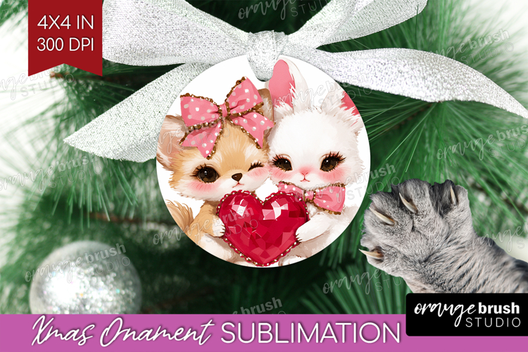 Fox and Bunny Valentine Ornament PNG Cute Valentines Day PNG