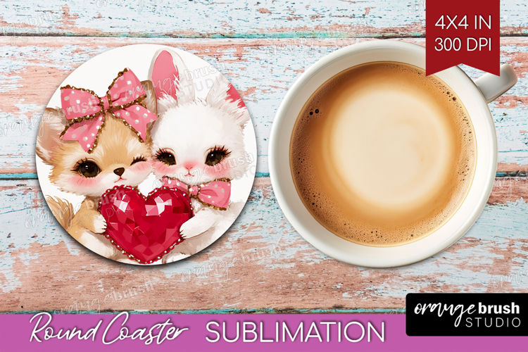 Fox and Bunny Valentine Round Coaster Cute Valentines Day