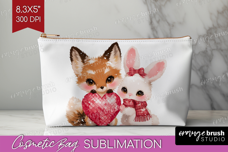 Fox and bunny Valentine Cosmetic Bag Cute Valentines Day Bag