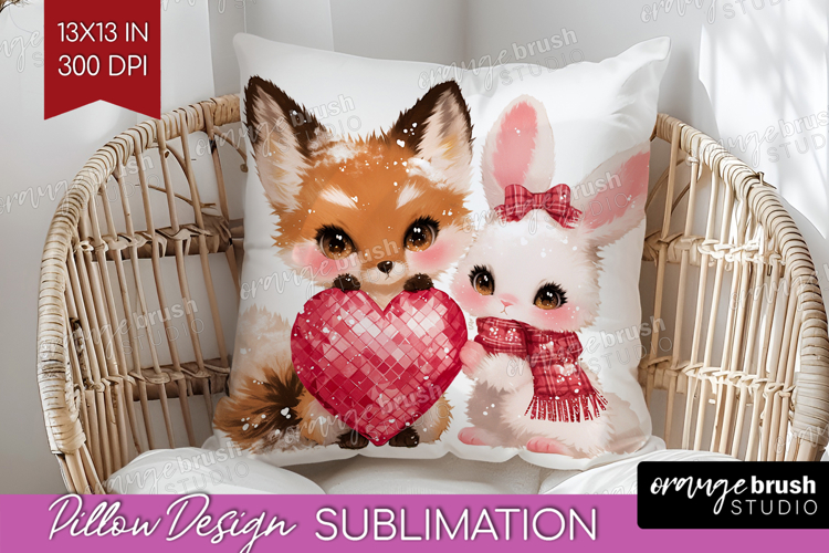 Fox and bunny Valentine Pillow Sublimation Cute Valentines