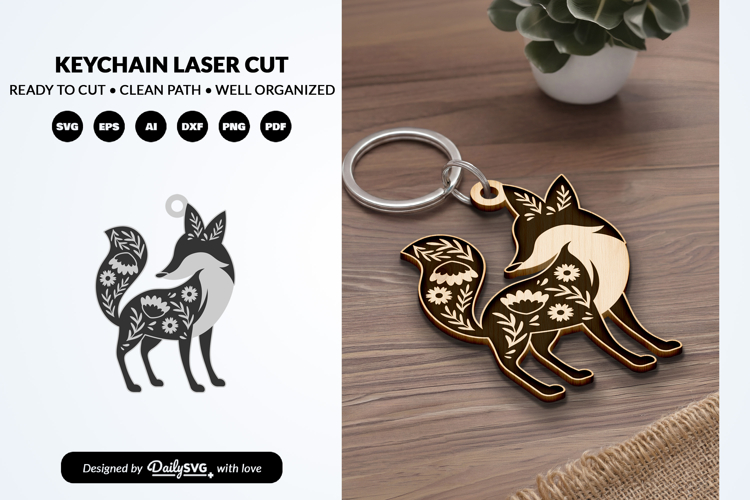 Cute Fox Keychain SVG | Floral Animal Laser Cut File
