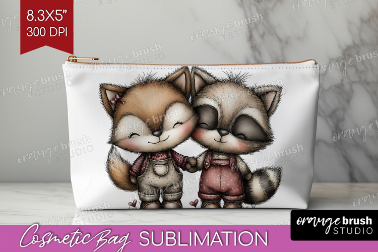 Fox and Raccoon Valentine Cosmetic Bag Whimsical Animal Bag