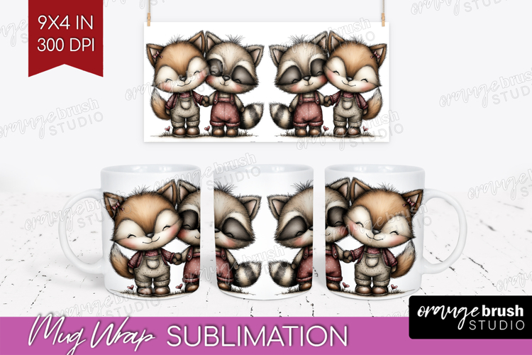 Fox and Raccoon Valentine Mug Wrap Whimsical Animal Mug PNG