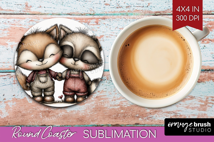 Fox and Raccoon Valentine Round Coaster Whimsical Animal PNG